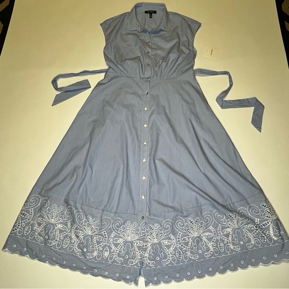 Ellen Tracy Women's Pinstriped Blue & White Embroidered Shirtdress Large NWT - Picture 7 of 15